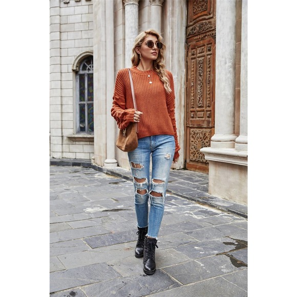 Lantern Long-Sleeved Knitted Pullover Cable Knit Sweater - Picture 7 of 12